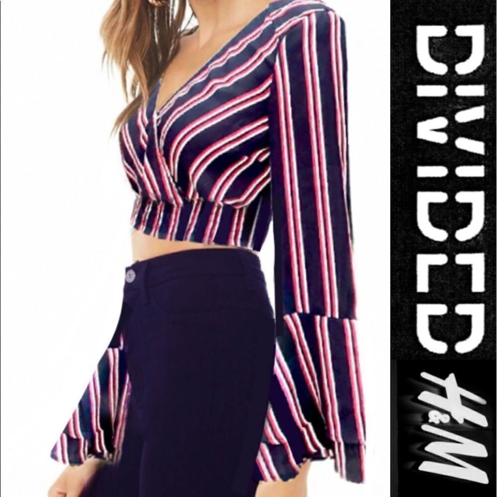 Divided H&M Striped Bell Sleeve Wrap Crop Top